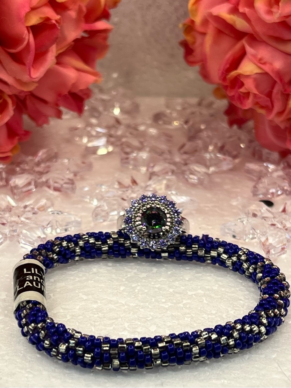 Lily and Laura Blue Beaded Bracelet with Silver Accents and 925 Silver ring